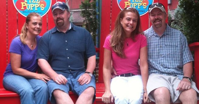 Kelly Pinkoski and her husband are shown in two photos, one before she adopted a plant-based diet to help beat cancer, one after