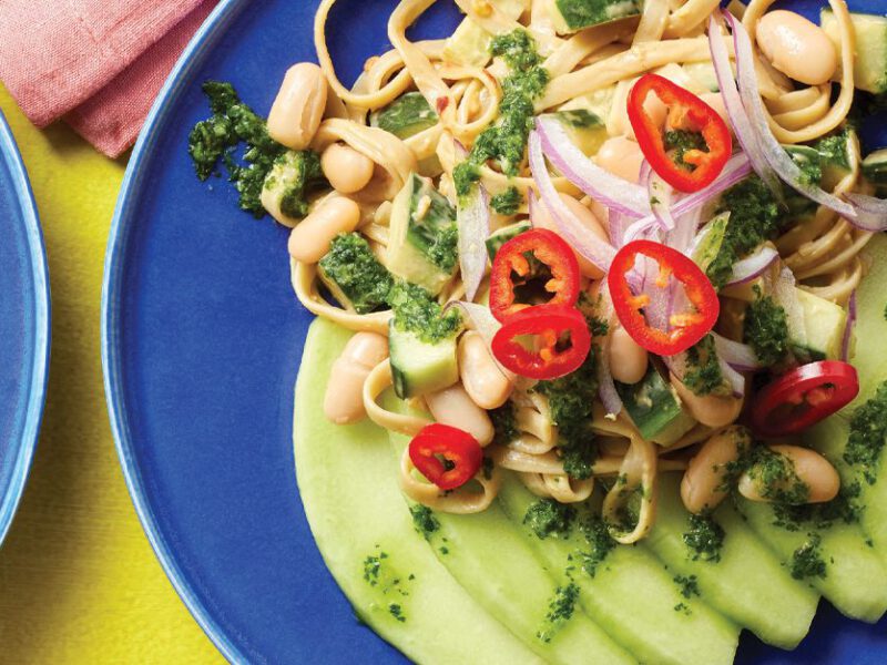 Thai Peanut Noodles with Fresh Melon and Lime Vinaigrette on blue plates