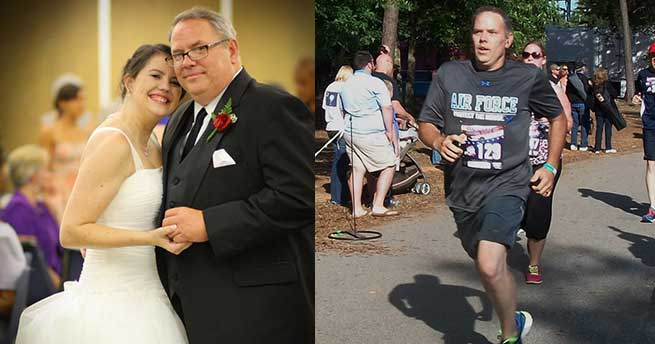 Jamie Brinck before and after adopting a plant-based diet and losing weight. In the after photo, he's completing a race