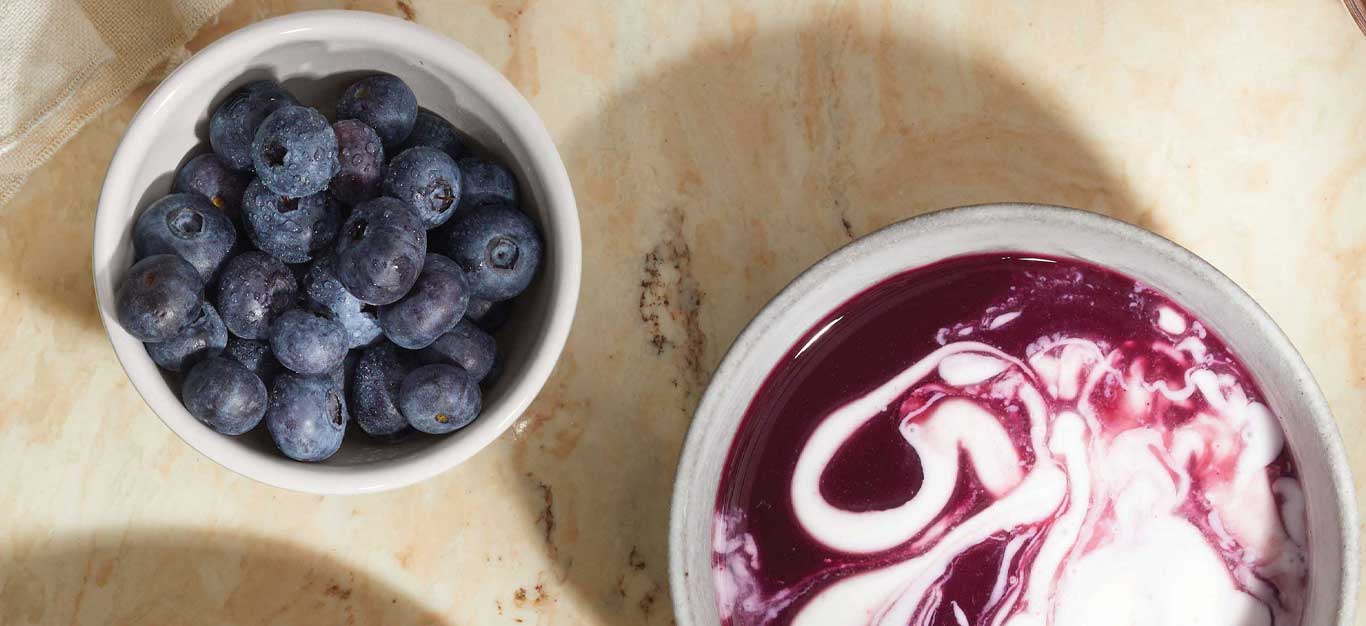 Chilled Blueberry Soup in a white bowl next to a small bowl of fresh blueberries