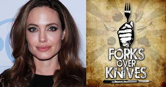 A photo of the actress Angelina Jolie next to a photo of the Forks Over Knives movie post