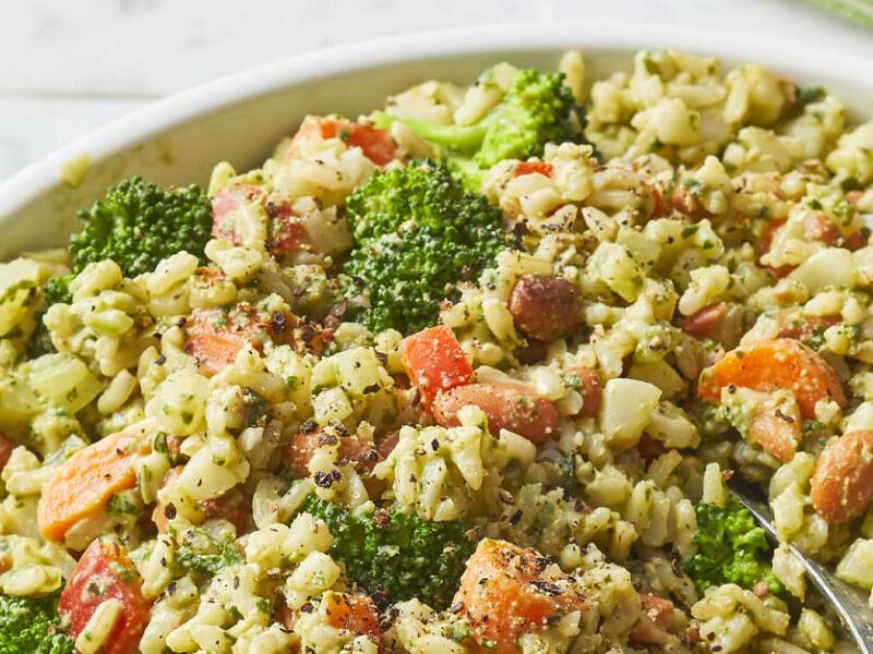 Cauliflower Rice Bowls with Vegan Pesto in a white bowl