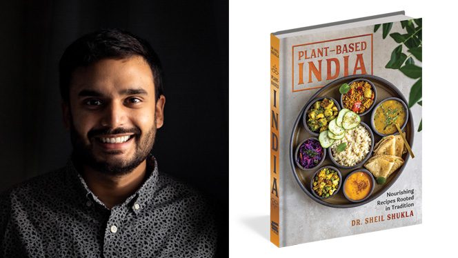 Chef and doctor Sheil Shukla, MD, beside his new Plant-Based India cookbook