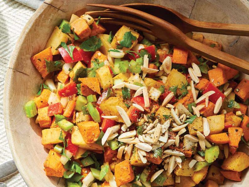 Harissa-Roasted Potato Salad in a wooden bowl
