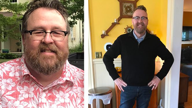 Two photos showing Rick Thompson before and after adopting a whole-food plant-based diet; in the before photo he is heavier while in the after photo he is slimmer