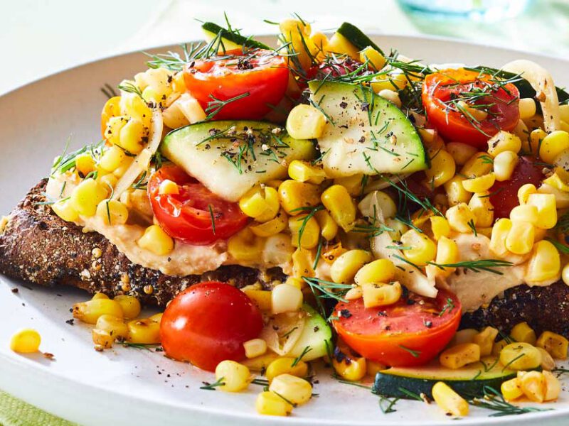 Dilled Veggie Toasts on a white plate