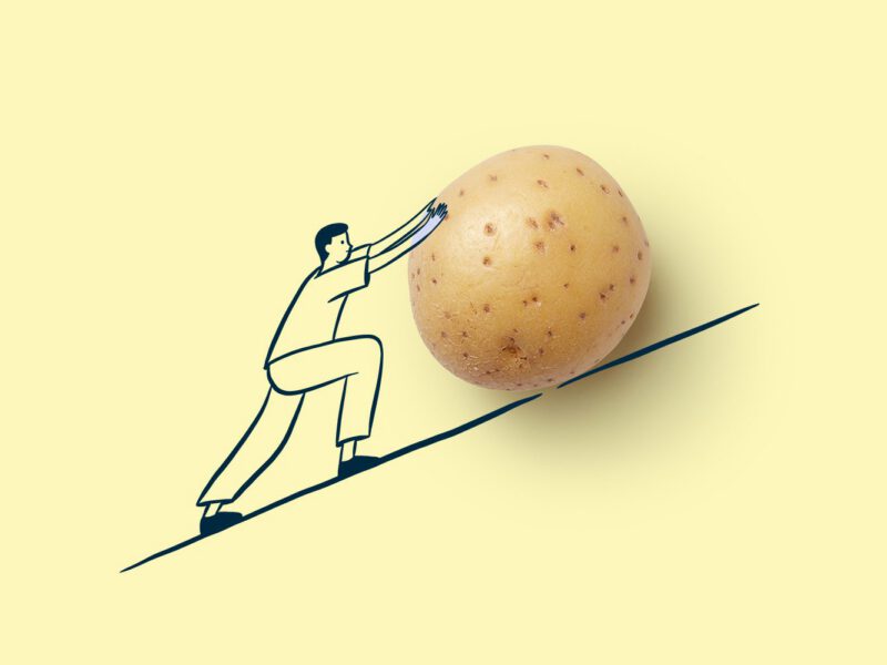 A mixed-media piece in which a simple illustration of a man appears to push a real potato up an illustrated hill