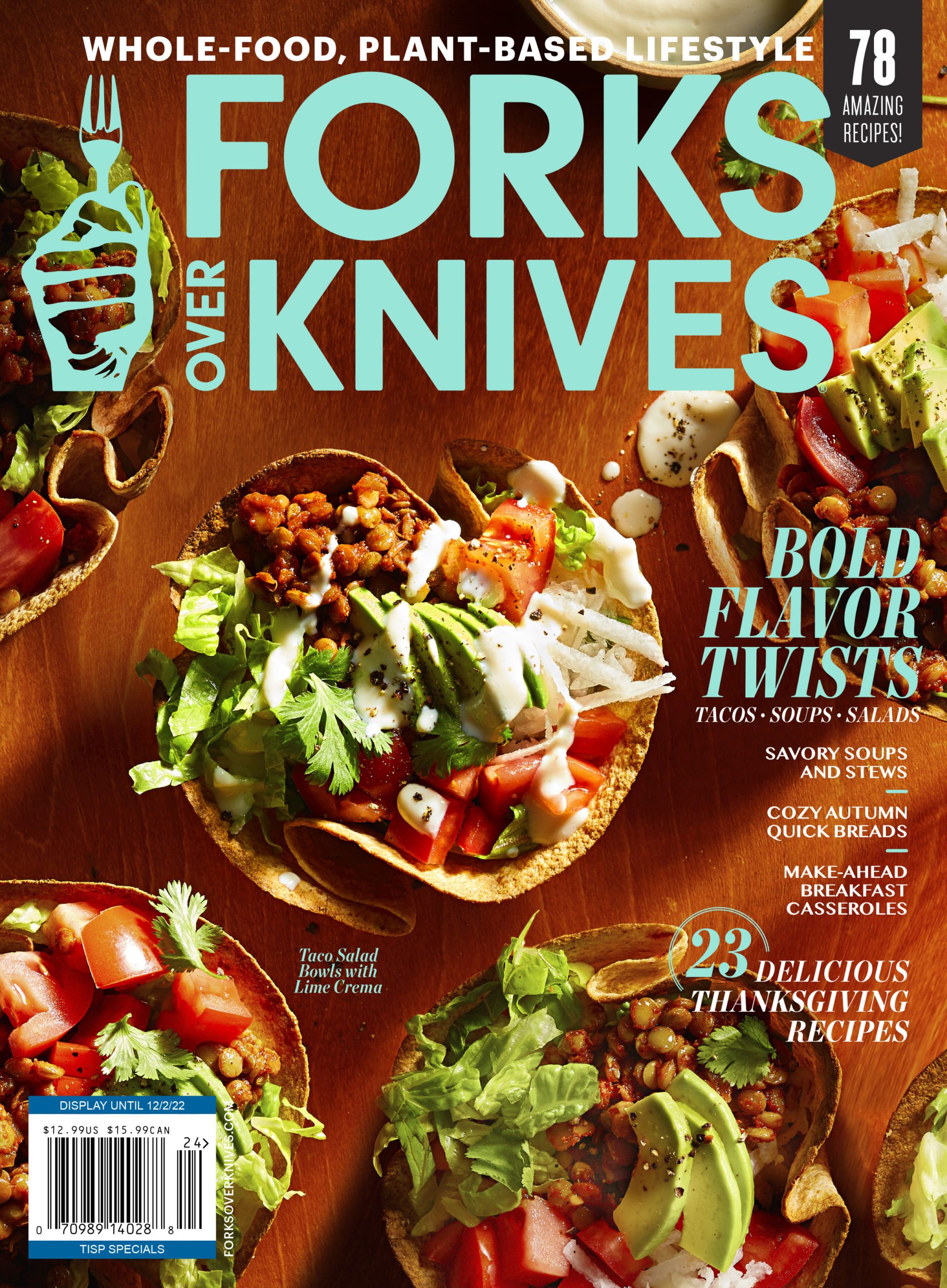 Forks Over Knives Fall 2022 magazine cover featuring taco salads in tortilla bowls