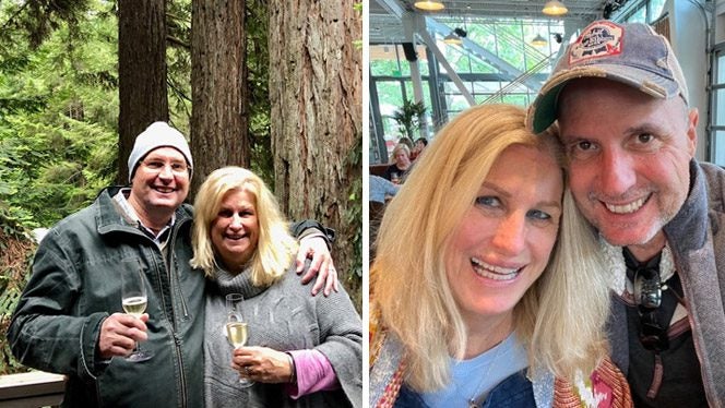 Cathy Downs-Phoenix and Husband Patrick Phoenix Are Shown in two photos side by side, before and after adopting a plant-based diet for chronic joint pain
