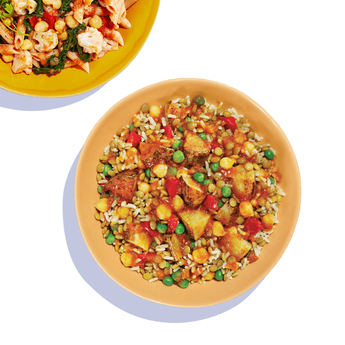 Overhead photo of two bowl meals from Forks Over Knives