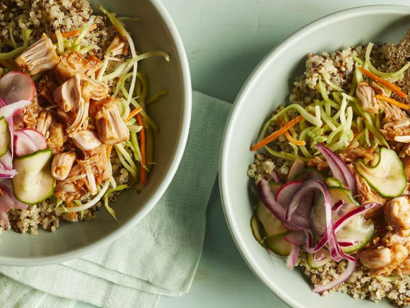 BBQ Jackfruit Bowls with Texas Toast in white bowls