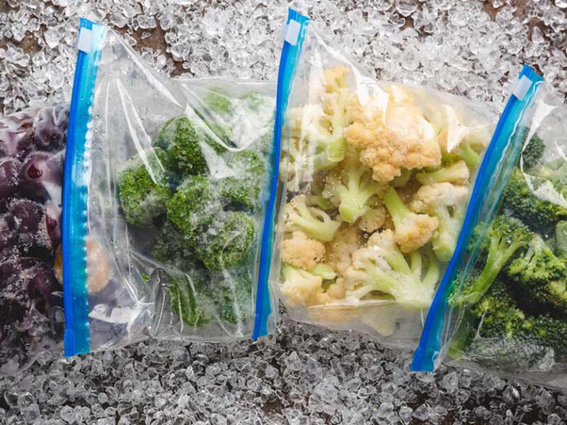 Frozen vegetables in zip-top bags on a table with tiny ice crystals surrounding them - airtight bags can help prevent freezer burn