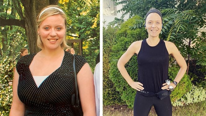 Two photos side by side showing Meg Gray before and after adopting a whole-food plant-based diet for chronic pain