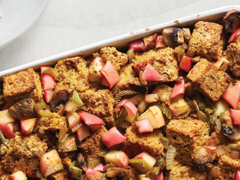 Vegan Cornbread Stuffing in a white casserole dish