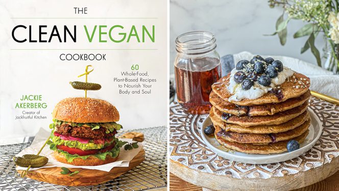 The Clean Vegan Cookbook by Jackie Akerberg - book cover shown beside a photo from within the book of a stack of gluten-free blueberry pancakes