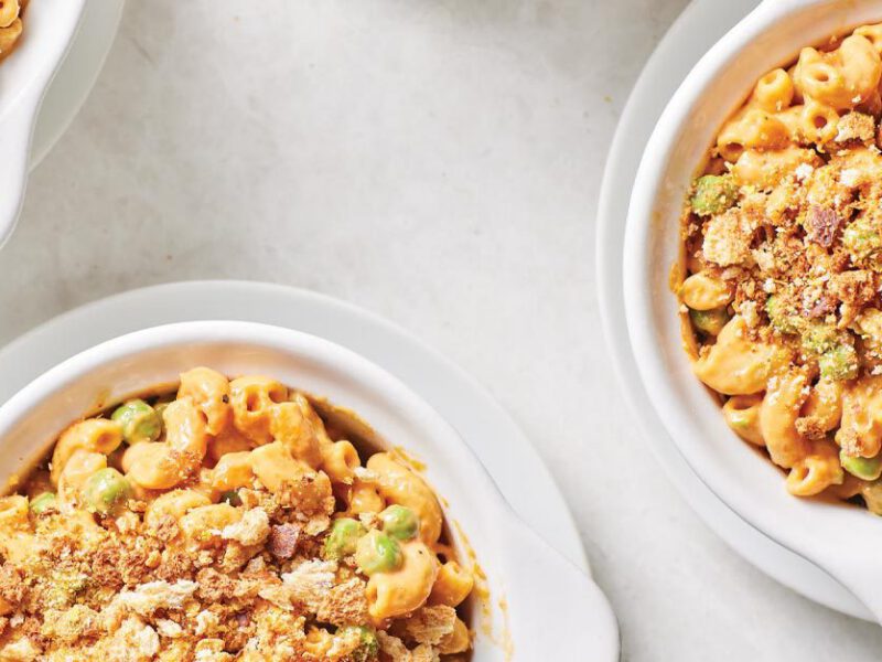 Mini Vegan Mac and Cheese Casseroles in white ramekins