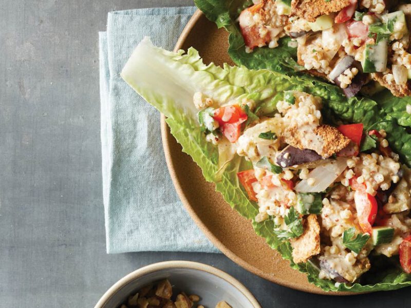 Roasted Eggplant and Buckwheat Groats Fattoush served on romaine lettuce leaves