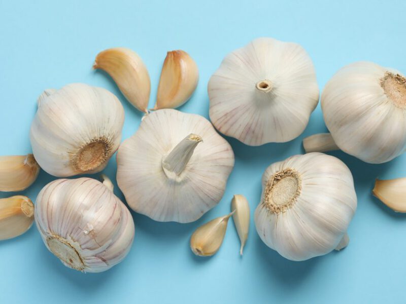 Six heads of garlic on a blue background with cloves beside them