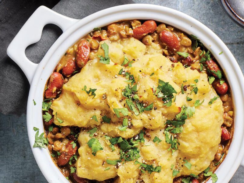 Individual Curried Shepherd’s Pies in white ramekins