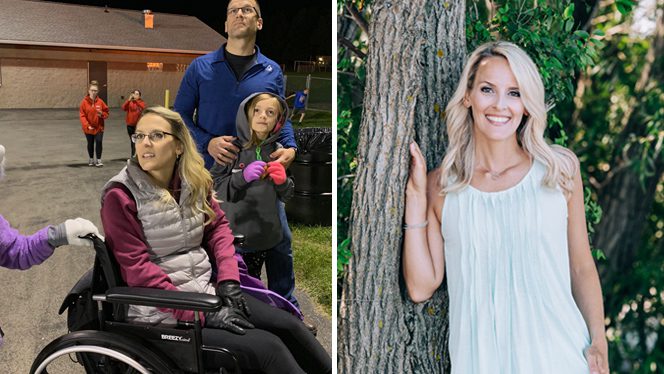 Kimberly Eallonardo shown in two photos before and after adopting a plant-based diet to address her kidney disease and ms symptoms: on the left, she sits in a wheelchair with her family around her, looking up; on the right, she stands beside a tree