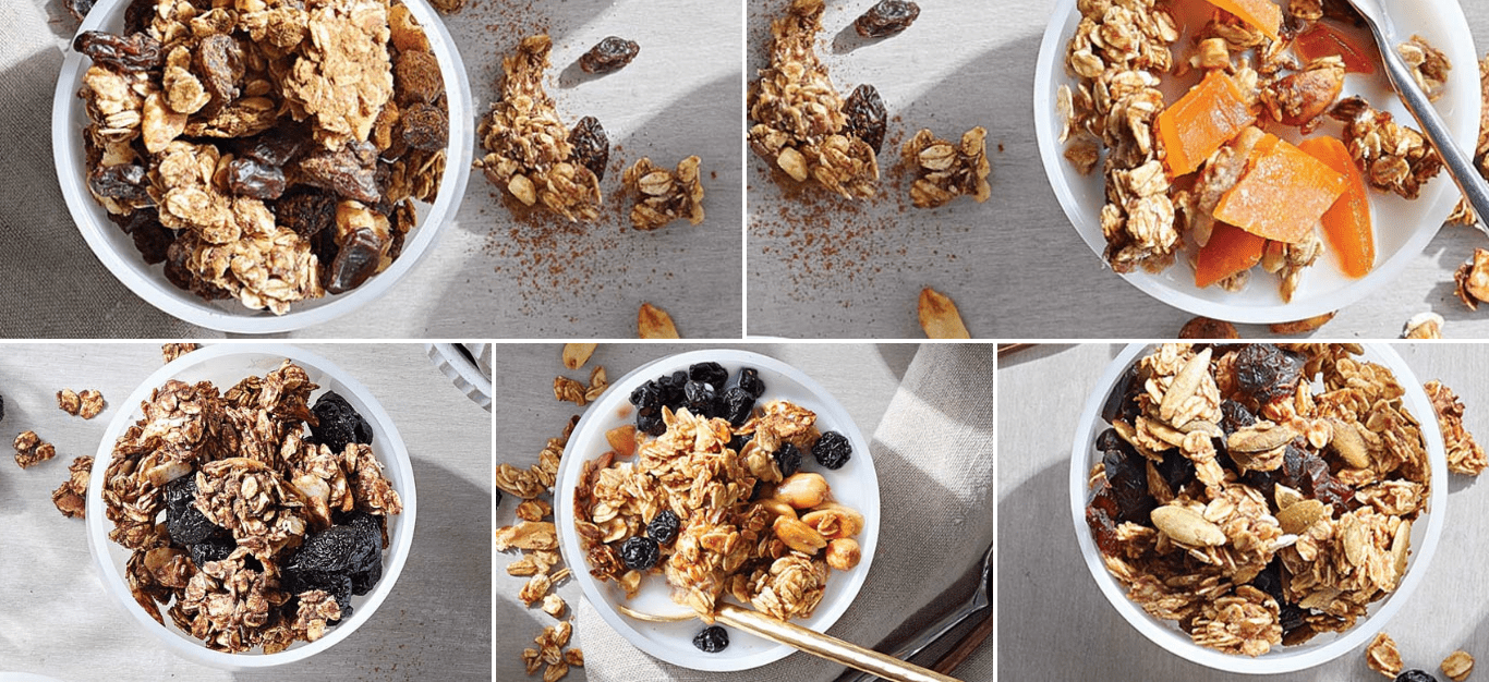 Collage of five different vegan granola recipes in small white bowls