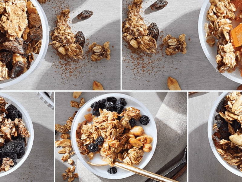 Collage of five different vegan granola recipes in small white bowls