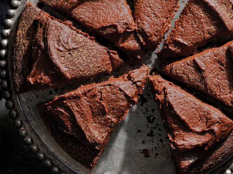 Incredible Chocolate Sweet Potato Cake on a silver metal cake platter