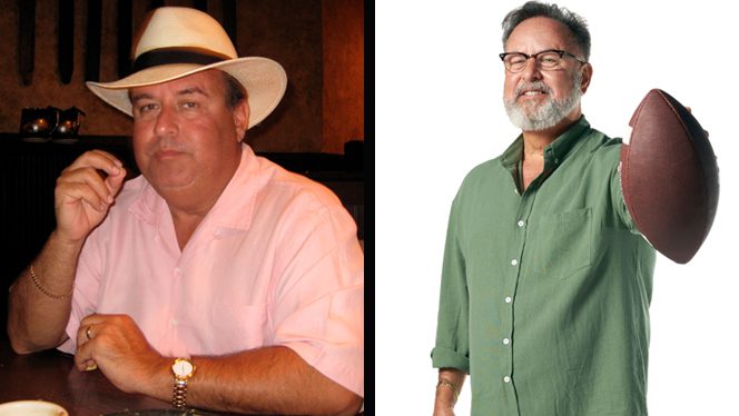Photos of Armando Alvarez before and after adopting a plant-based diet for heart disease. On the left, he sits at a restaurant table wearing a fedora and pink button-down, on the right, he appears slimmer and holds out a football with one hand