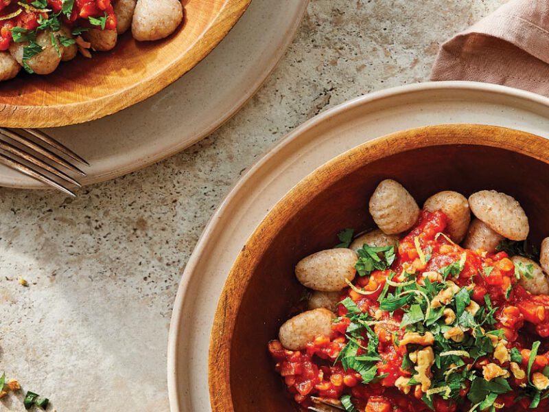 Easy Gnocchi with Lentil Ragu in orange ceramic bowls