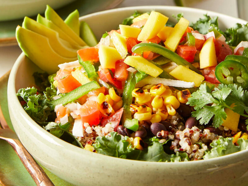 Southwest Salad Bowls with Quick Mango Salsa in white ceramic bowls
