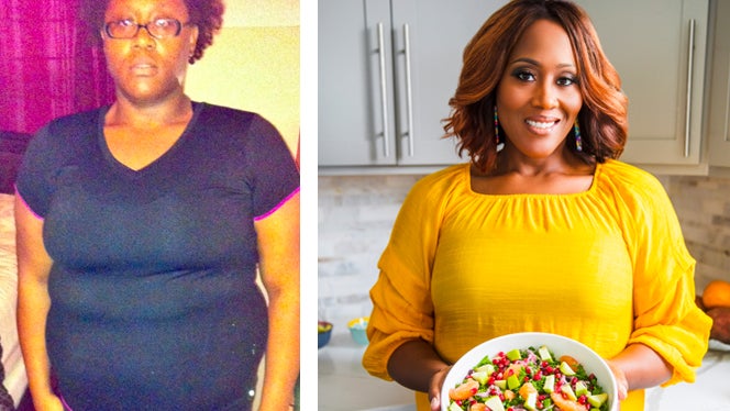 Shauné Hayes Before and after adopting a whole-food, plant-based (wfpb) diet for weight loss and blood pressure. On the left, she wears a black t shirt and has a neutral facial expression; on the right, she holds a bowl of colorful vegan food and smiles