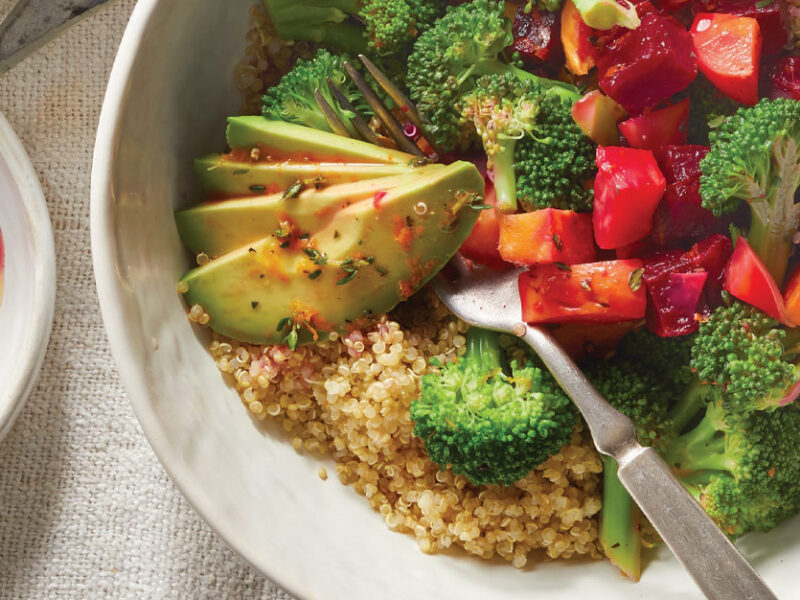 Quinoa Broccoli Bowls with Roasted Beets in white bowls