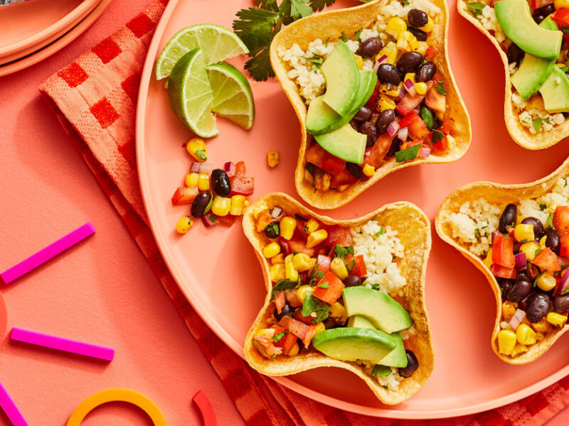 Vegan Taco Salad Bowls on a light pink plate