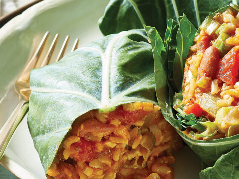 Jambalaya-Style Collard Wraps in a white dish next to a metal fork