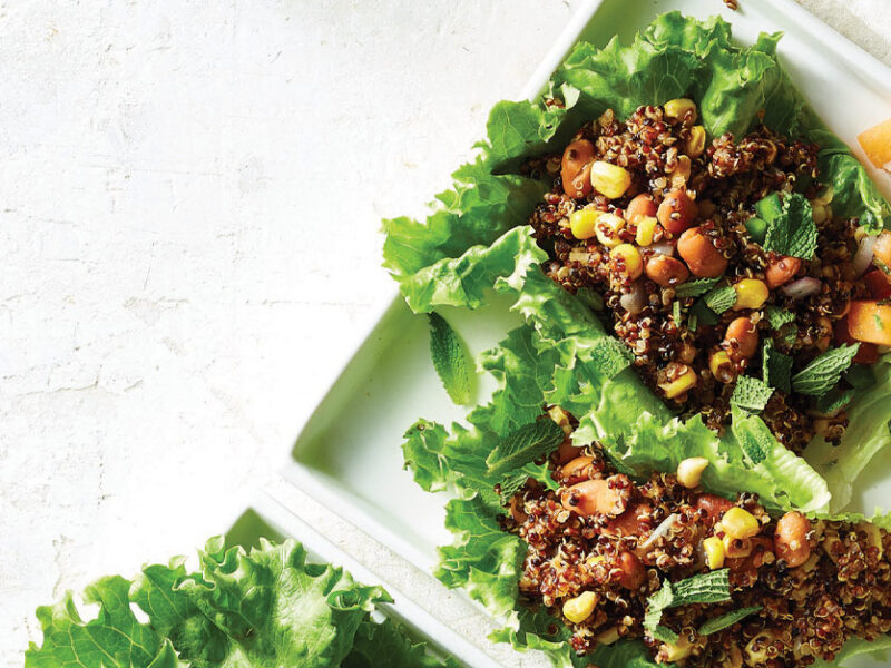 Taco Lettuce Wraps with Melon Salsa on square white plates