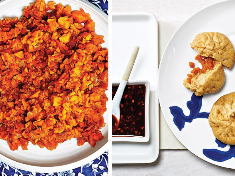 Five-Spice Kabocha Squash Bao Bun Filling on white and blue china plate next to an image of stuffed bao buns on a china plate