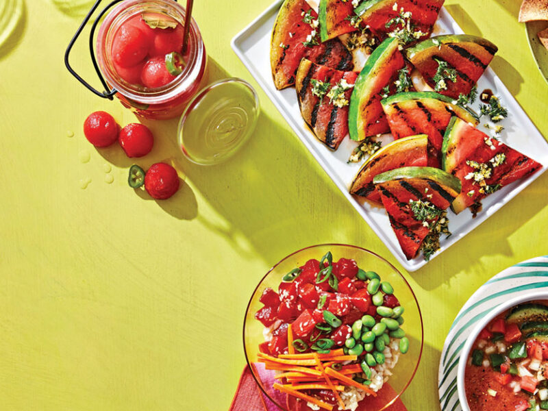 Savory watermelon snacks and meals, including watermelon pickles, watermelon poke, gazpacho, and salsa