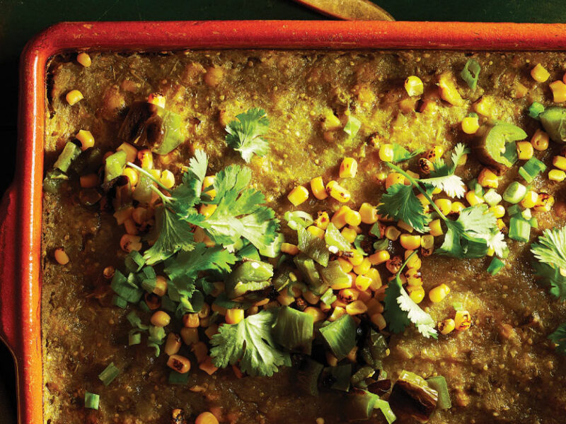 Healthy Salsa Verde Casserole in an orange casserole dish