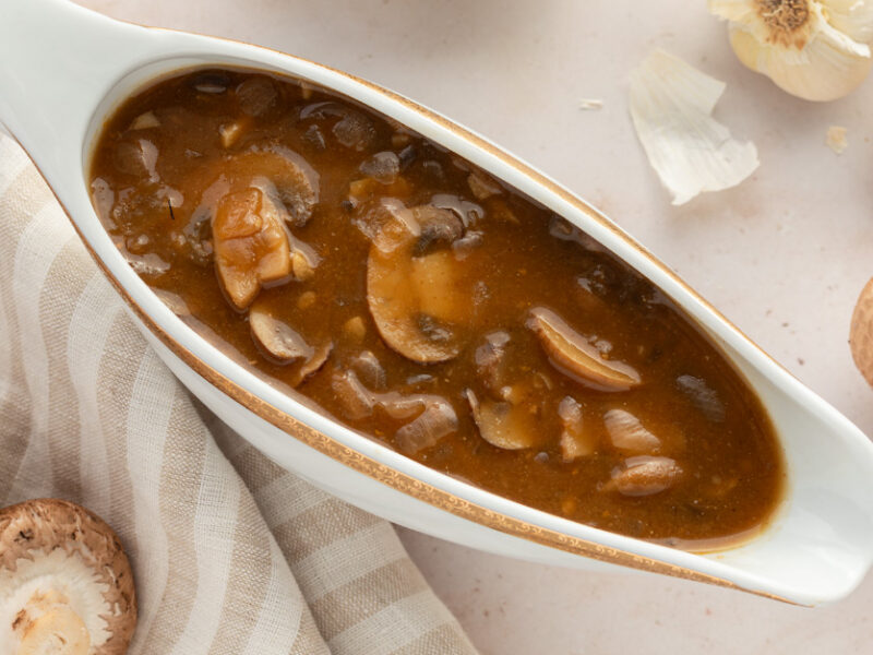 Mommy's Mushroom Gravy 3.0 in a white porcelain gravy boat