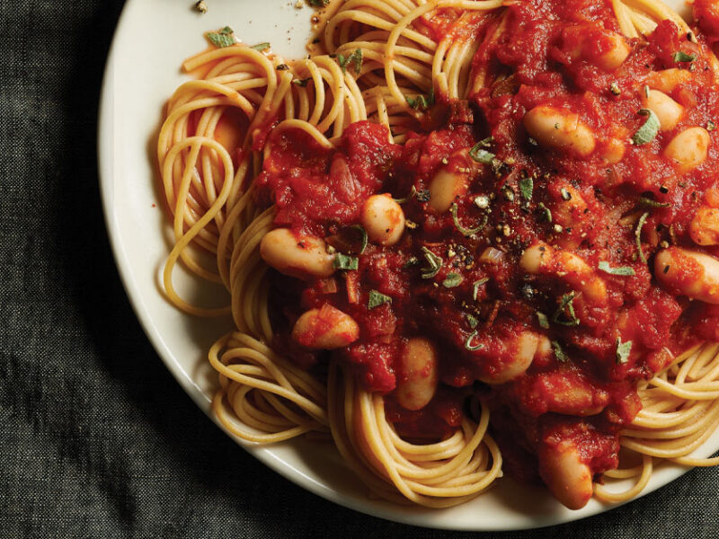 Spaghetti with White Beans and Shallot-Sage Marinara on a white plate