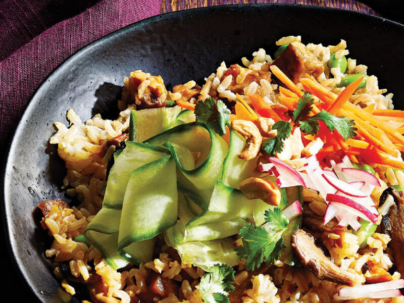 Jasmine Rice Bowls with Glazed Eggplant and Oyster Mushrooms in a dark gray ceramic dish