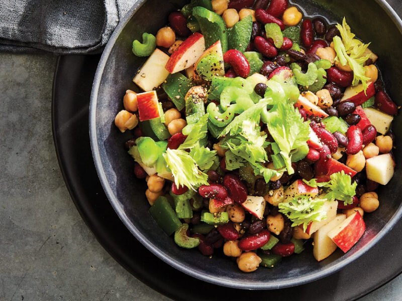 Dreena Burton’s Easy 3-Bean Salad in a grey ceramic bowl