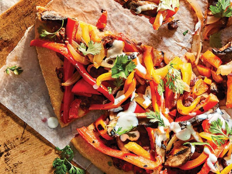 Fajita Pizza on a wooden cutting board