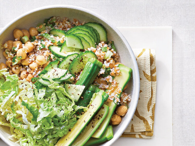 Super Green Goddess Bulgur Bowl in a white ceramic bowl against a white countertop