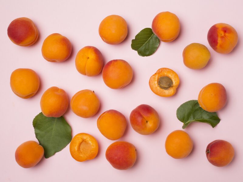fresh orange apricots scattered across a solid pink background