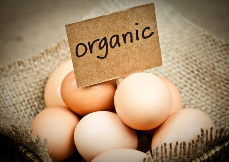 A pile of eggs on rough hessian fabric, with a handwritten sign that reads, "organic."