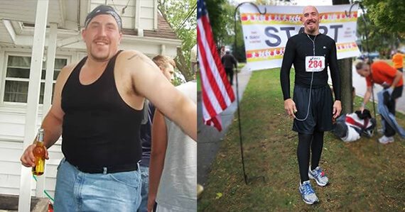Matt Stary before and after he lose weight on a whole-food, plant-based diet. In the before picture Stary is drinking a beer and in the after shot he is at the start of a running race