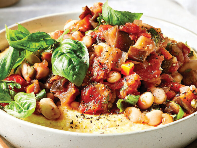 Caponata Beans and Polenta in a white bowl