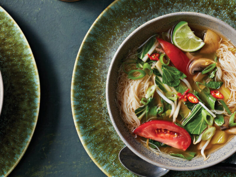 Two bowls of Vietnamese Tamarind, Pineapple, and Brown Rice Noodle Soup