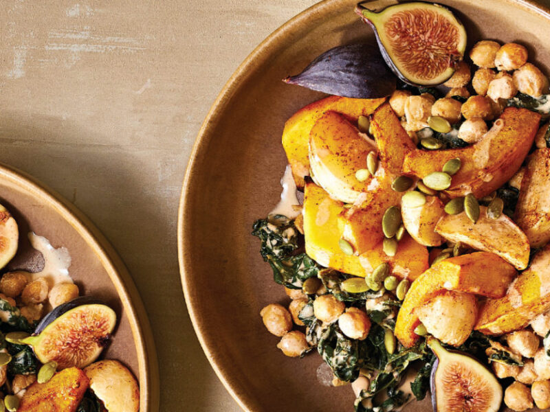 Two bowls of Kale and Spiced Pumpkin Salad with Figs